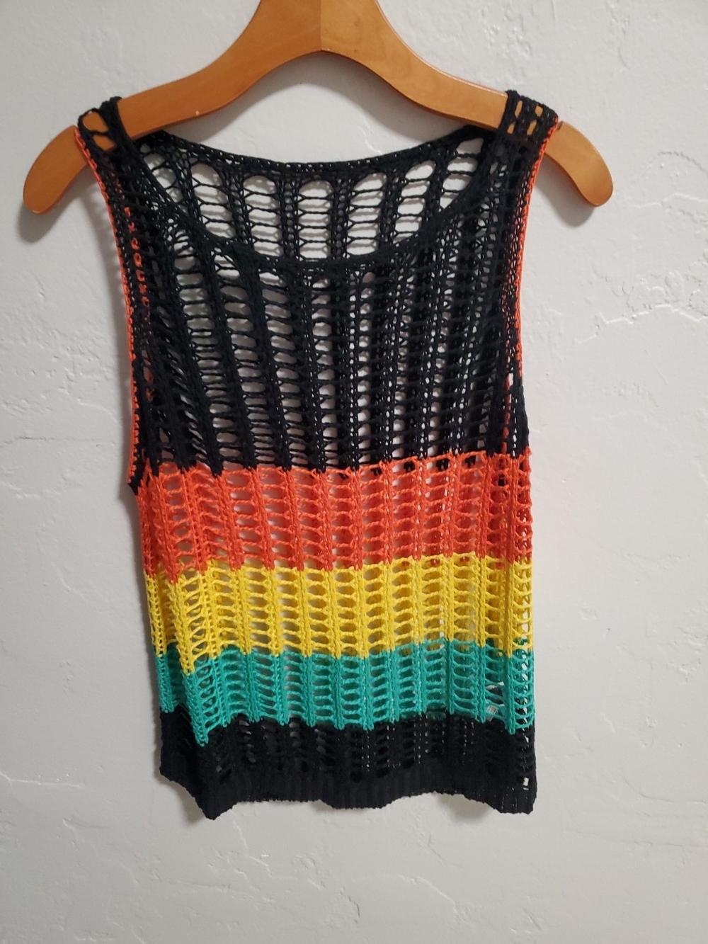 ROMWE Black Open-Knit Tank with Orange, Yellow & Teal Stripes